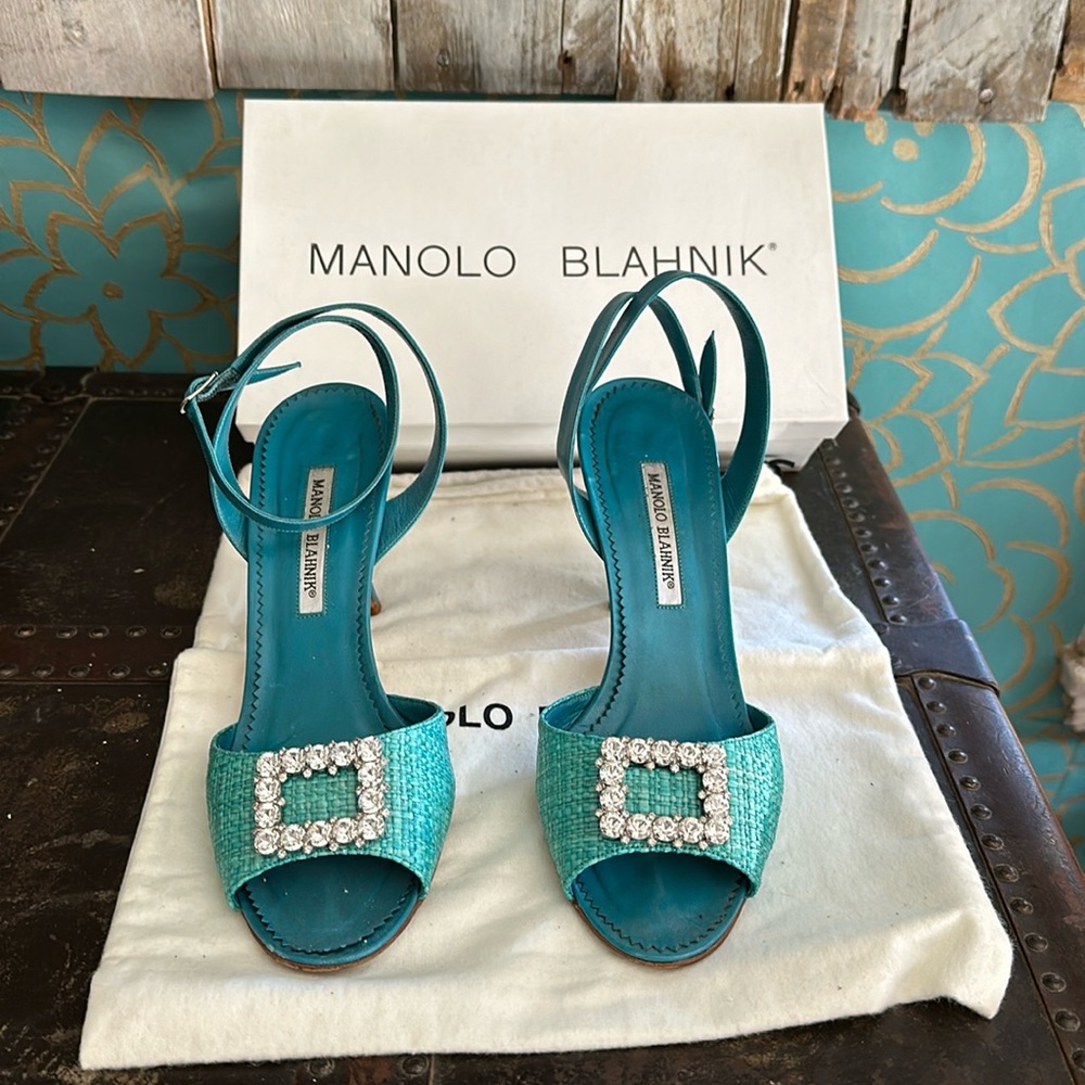 Vintage Manolo Blahnik ankle strap blue heels with jewel